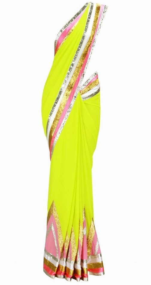 Abu Jani Mango yellow and pink sari with off white