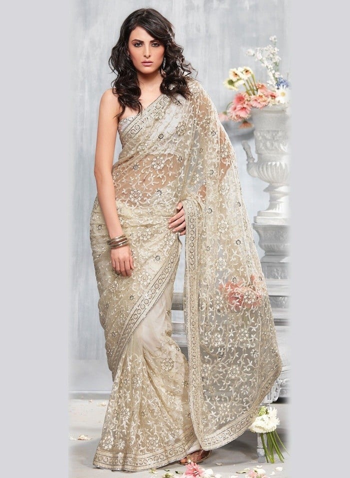 off white net saree with sequins