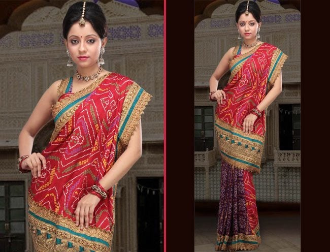 Violet and Red Faux Crepe Saree