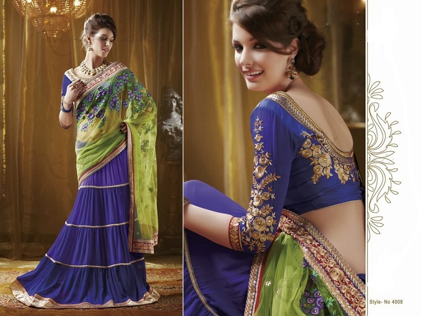 blue neon green half sari designer