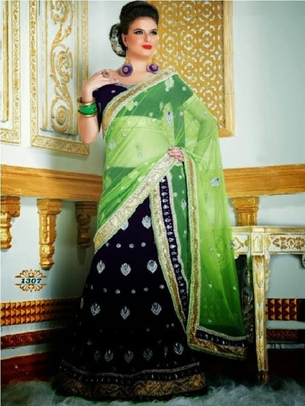 blue neon green lehenga with golden embroidery border