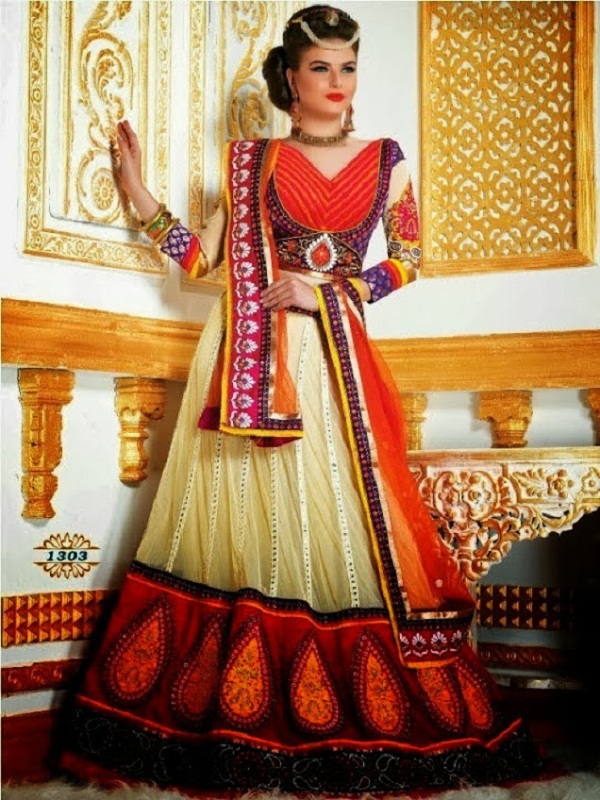 cream and orange lehenga embrodiered full sleeve blouse