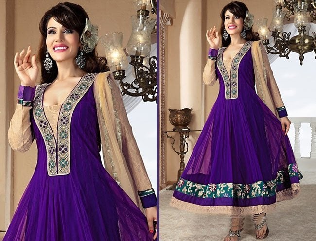 dazzling purple zardosi and resham work net