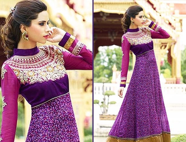 desirable purple embroidery work georgette