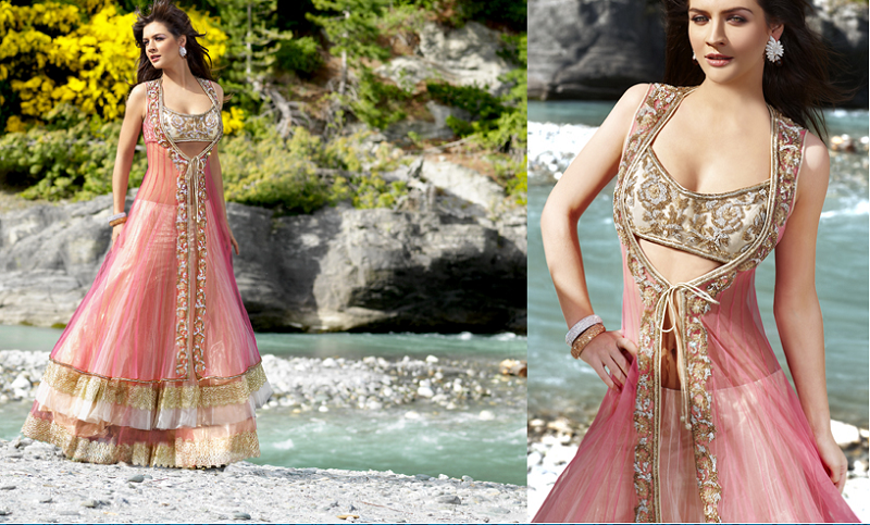 layered anarkali lehenga pink gold diwali