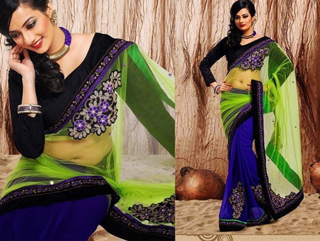 neon net pallu and royal blue