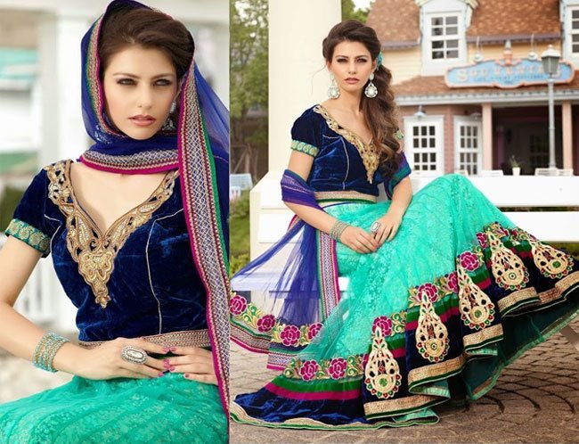 neon sea green lehenga with a royal blue