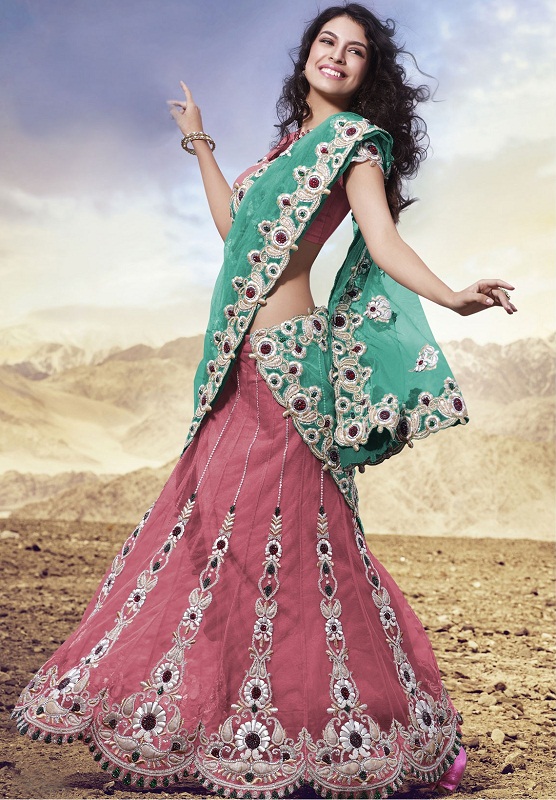 pastel pink net lehenga saree