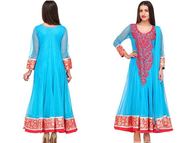 sleeve blue embroidered anarkali suit