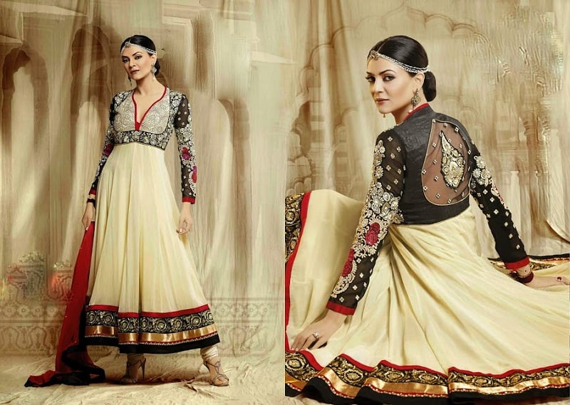 sushmita sen cream black floor length anarkali