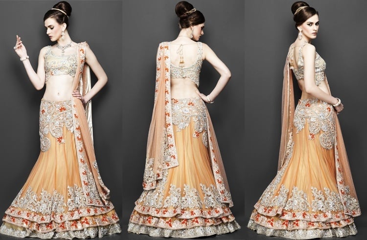 Gold and orange triple layer lehenga Designer wedding lehengas