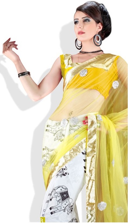 Adaa’s Yellow Printed Art Silk Saree