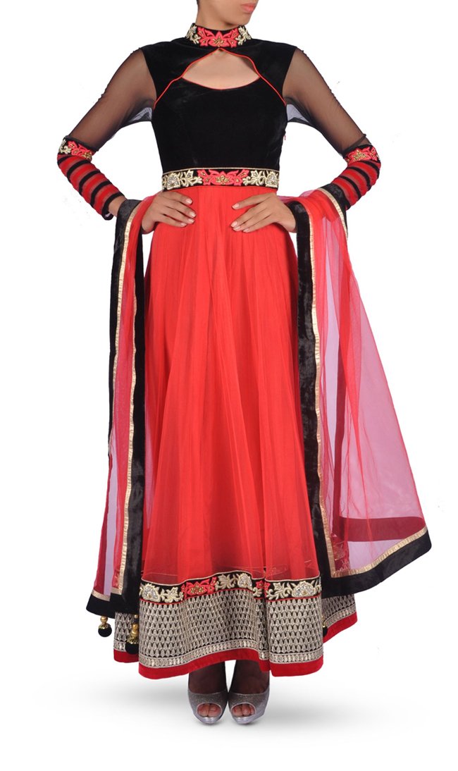 Coral Red & Black Anarkali Suit