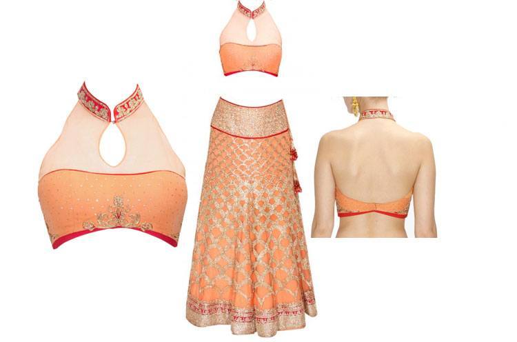 Peach zari embroidered lehenga blouse design