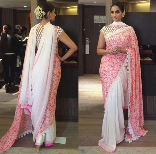 Sonam Kapoor in White and Pink Saree