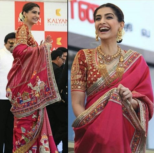 Sonam Kapoor with Abu Jani and Sandeep Khosla Saree