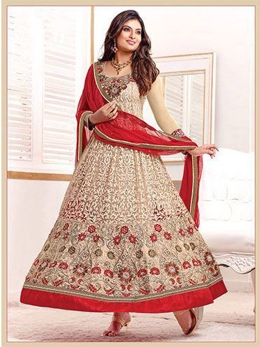 Beige embroidered georgette semi-stitched salwar with dupatta