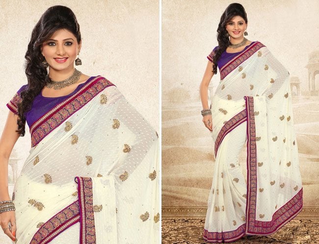 Off White Faux Chiffon Jacquard Saree with Blouse