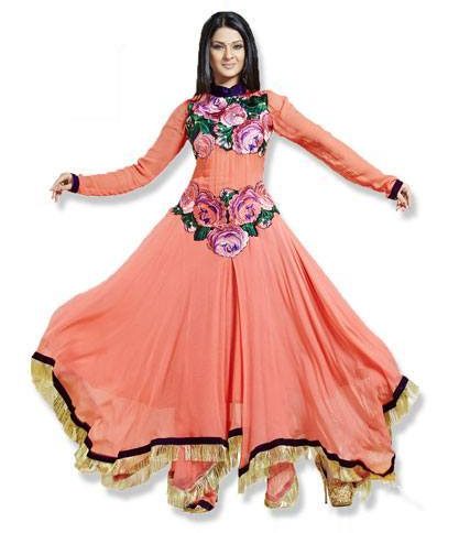 Peach colour faux georgette anarkali salwar kameez by fabfiza