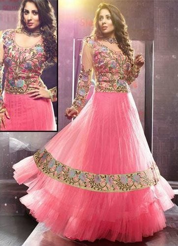 Sangeeta ghosh in pink net anarkali suit