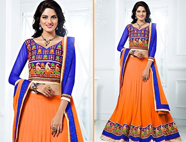 beautiful orange and blue color chaniya choli