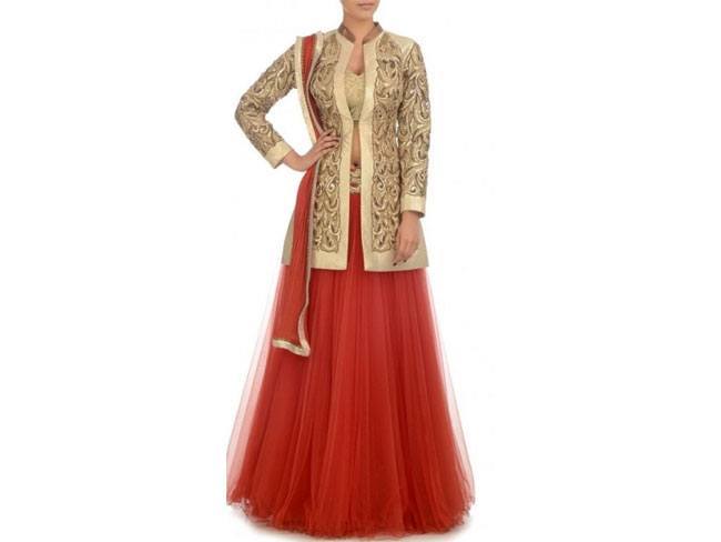 red long jacket lehenga choli Panache Haute Couture