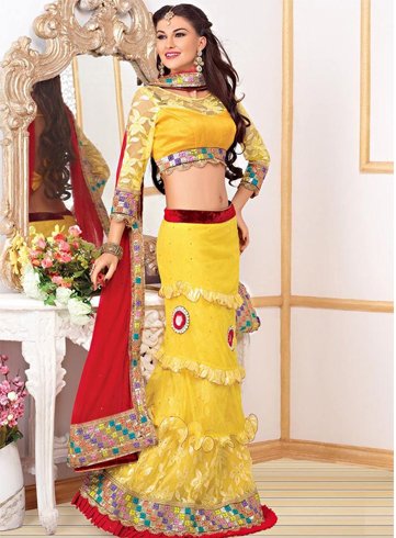 yellow fish cut lehenga.