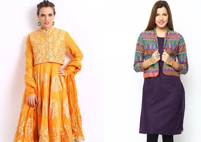 yellow purple kurta with ethnic jacket