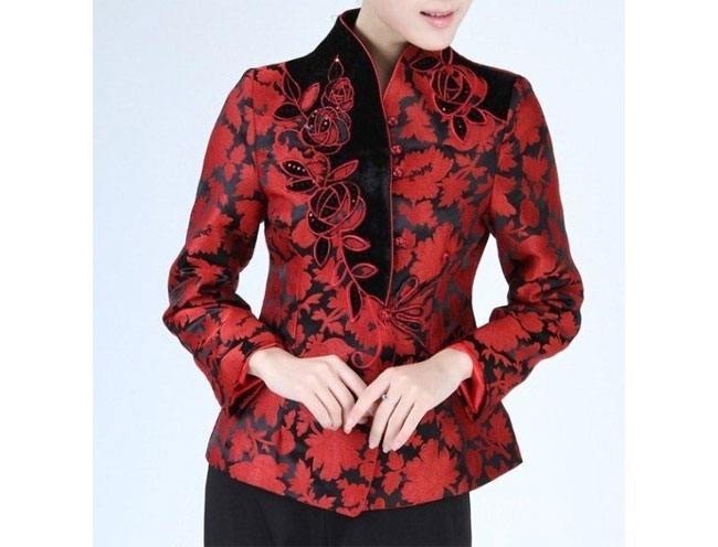 Black Red Chinese Women Silk Satin Jacket