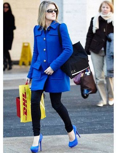 matching cobalt blue coat and heels