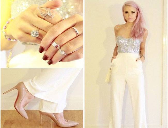 nude pumps and some midi rings