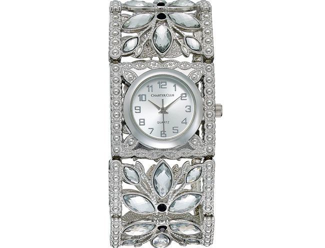 Charter Club Women's Silver-Tone Filigree and Crystal Bangle Bracelet