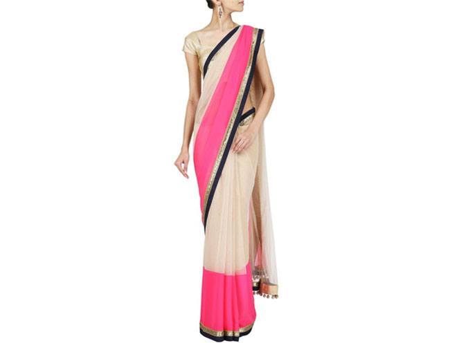 Cocktail Beige Embroidered Sari by Manish Malhotra