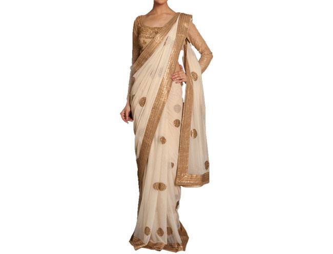 Cocktail Beige Embroidered Sari by Ritu Kumar