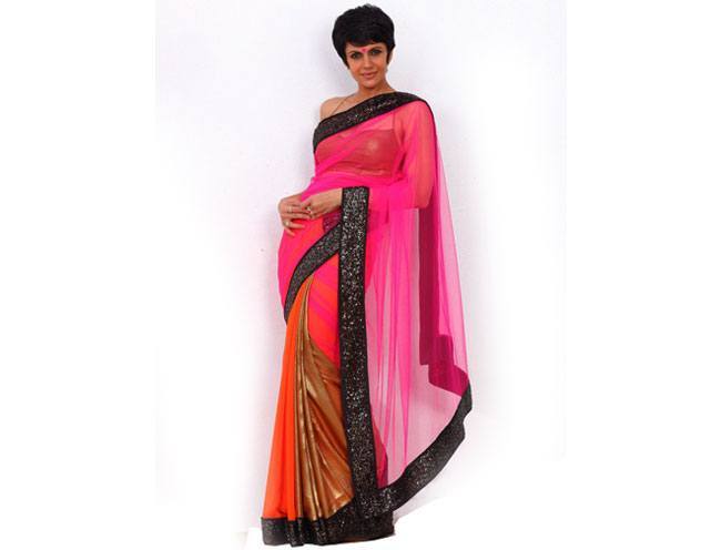 Pink Net Saree with a Black Sequin Border by Mandira Bedi