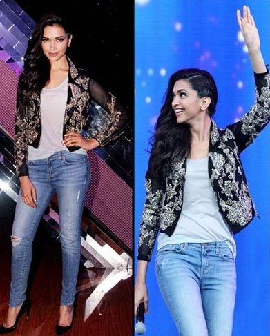 Deepika in peacock jacket