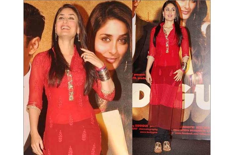 Kareena in kolhapuris with red Salwar Kameez