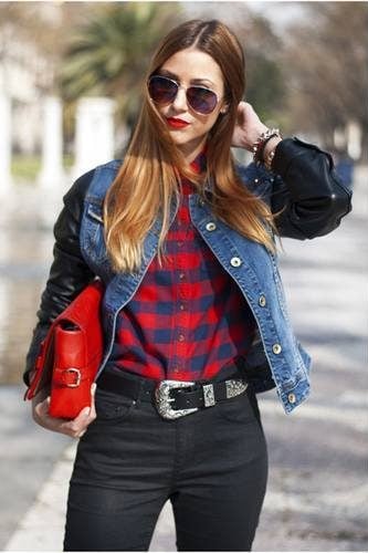 blue denim pull bear jacket red