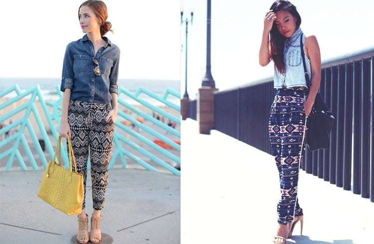 Patterned Pants with denim tops