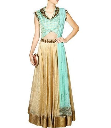 Sea green and gold floral sequins embroidered lehenga