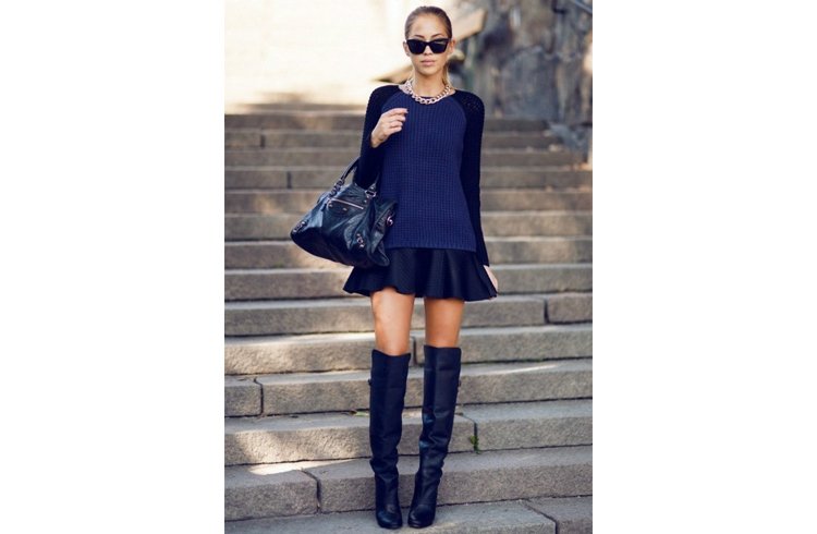 Leather skirt with over-the-knee boots