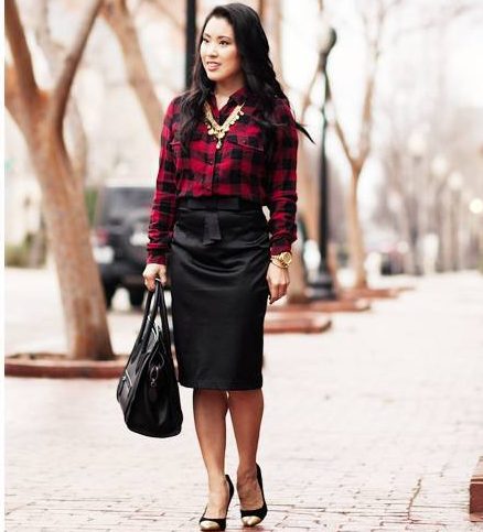 plaid blouses with a pencil skirt