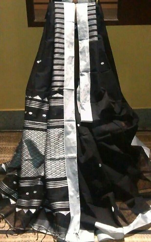 Bengal taant black and silver cotton saree for durga puja