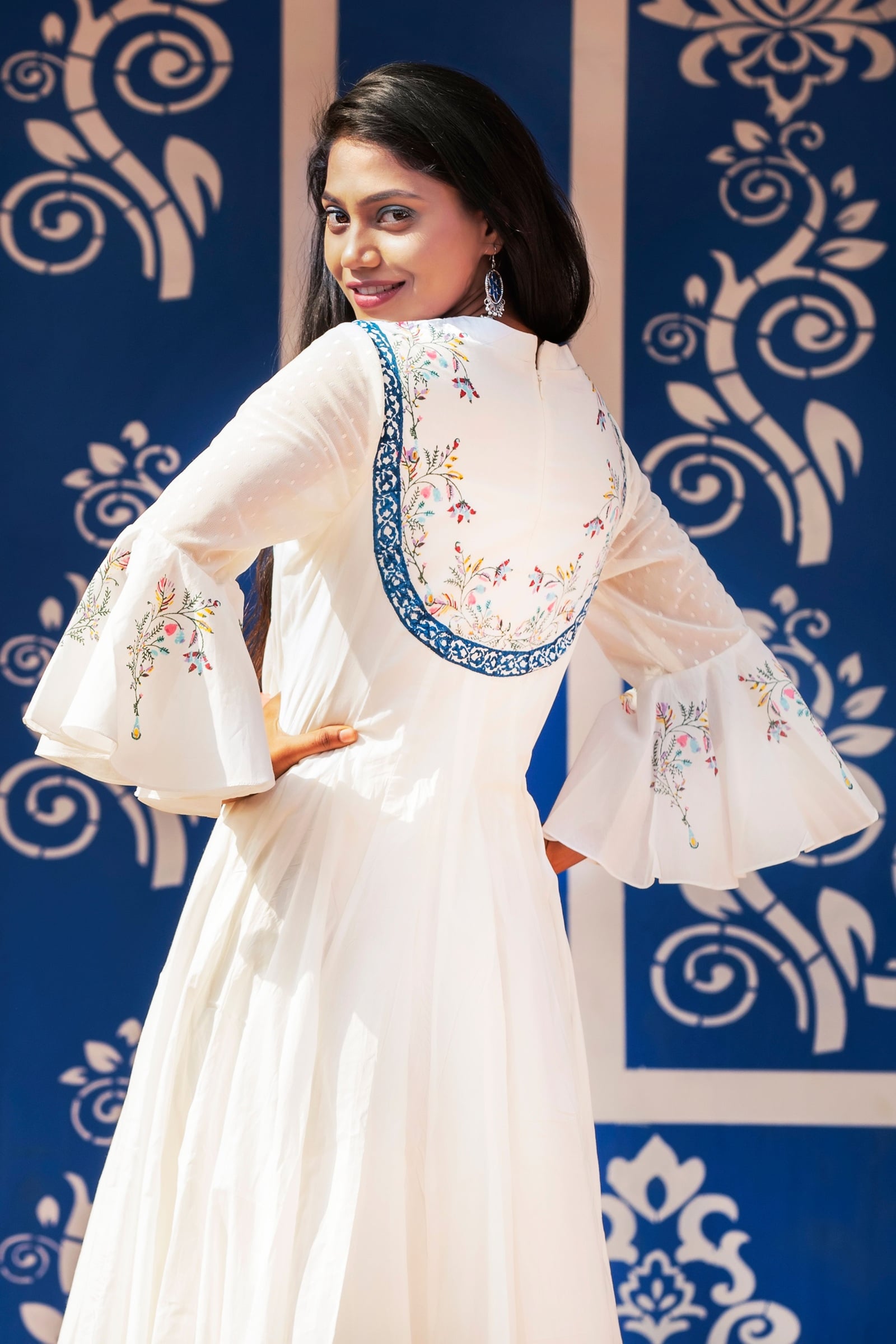 Woman wearing a floral embroidered dress
