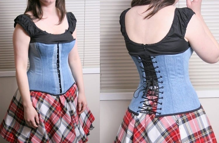 Jeans corsets with tartan skirts