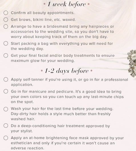 Wedding beauty checklist days before