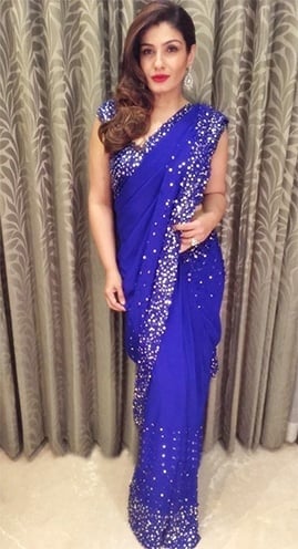 Raveena Tandon blue saree designed by Manish Malhotra