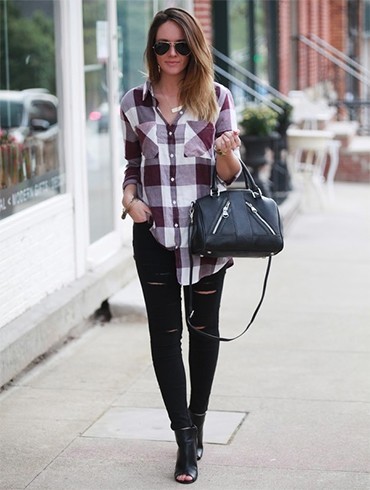 Plaid shirt and ripped leggings