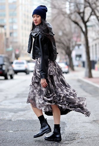 Printed dress with a black jacket