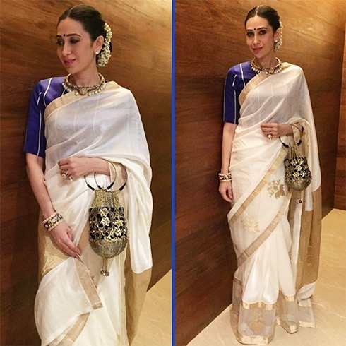Karisma Kapoor in off white chanderi silk saree